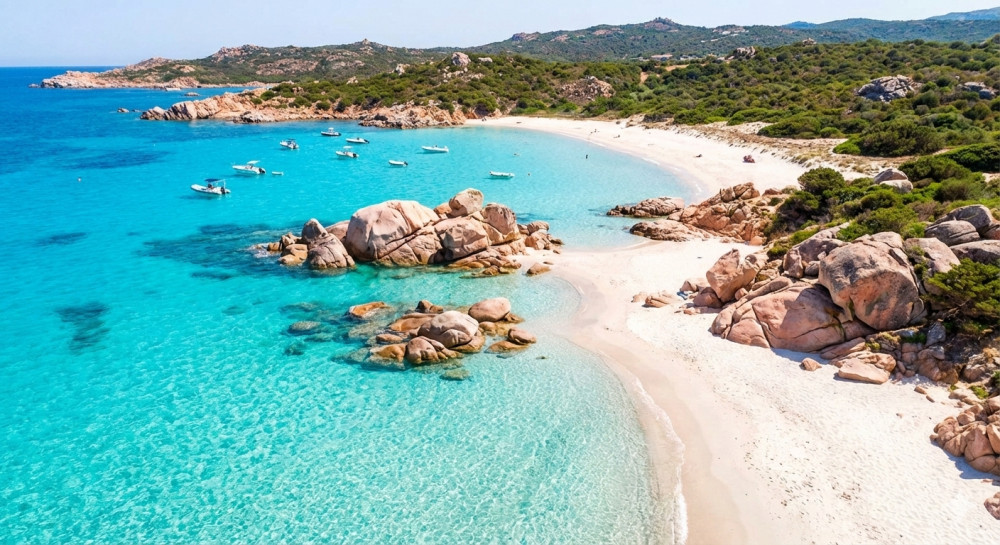 Typická pláž na severnom pobreží Sardínie, známa svojou krištáľovo čistou vodou a žulovými skalami.